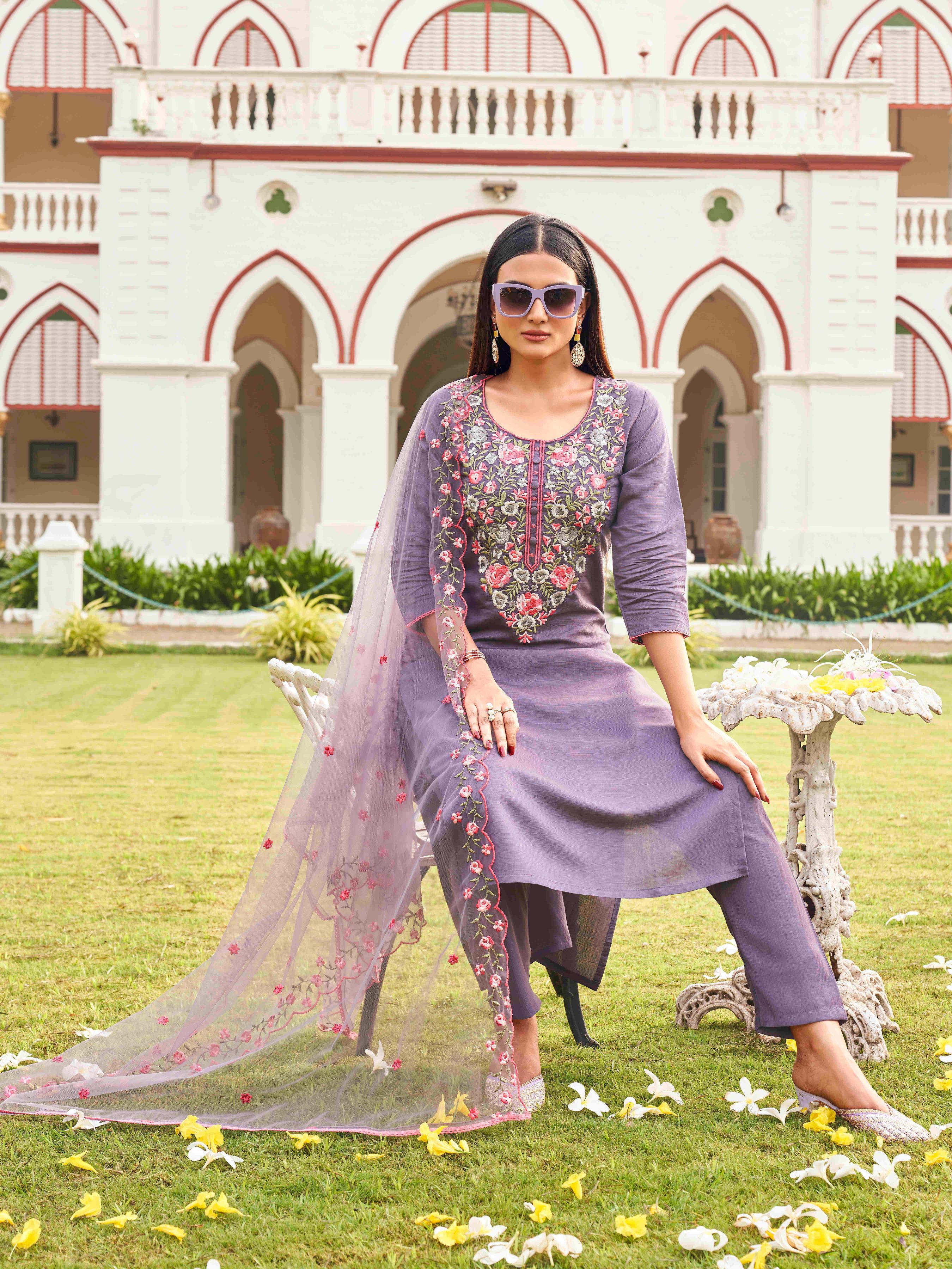 Floral Yoke Embroidered Straight Kurta & Trousers With Dupatta